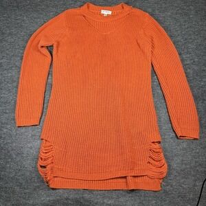Say‎ What? Burnt Orange Shaker Knit Choker Neck Distressed Tunic Sweater Medium